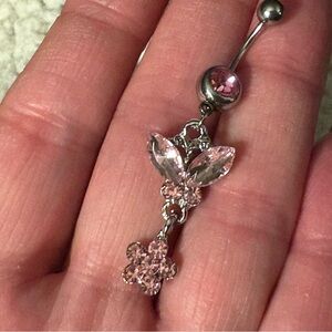 Belly Ring- Stainless Steel Navel Ring With Sparkling of Pink Cubic Zirconia,nwt